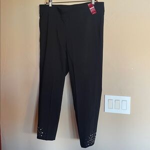 Avenue Classic Black Stretch Ankle Pants with metal decoration.